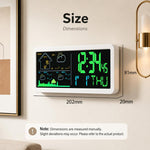 Orologio digitale da parete con stazione meteorologica wireless e sensore esterno, previsioni meteo locali e sveglia da comodino.