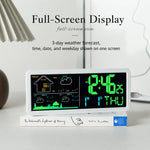 Orologio digitale da parete con stazione meteorologica wireless e sensore esterno, previsioni meteo locali e sveglia da comodino.