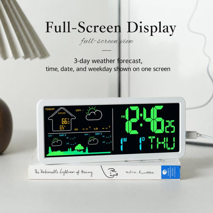 Orologio digitale da parete con stazione meteorologica wireless e sensore esterno, previsioni meteo locali e sveglia da comodino.