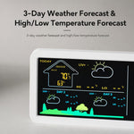 Orologio digitale da parete con stazione meteorologica wireless e sensore esterno, previsioni meteo locali e sveglia da comodino.