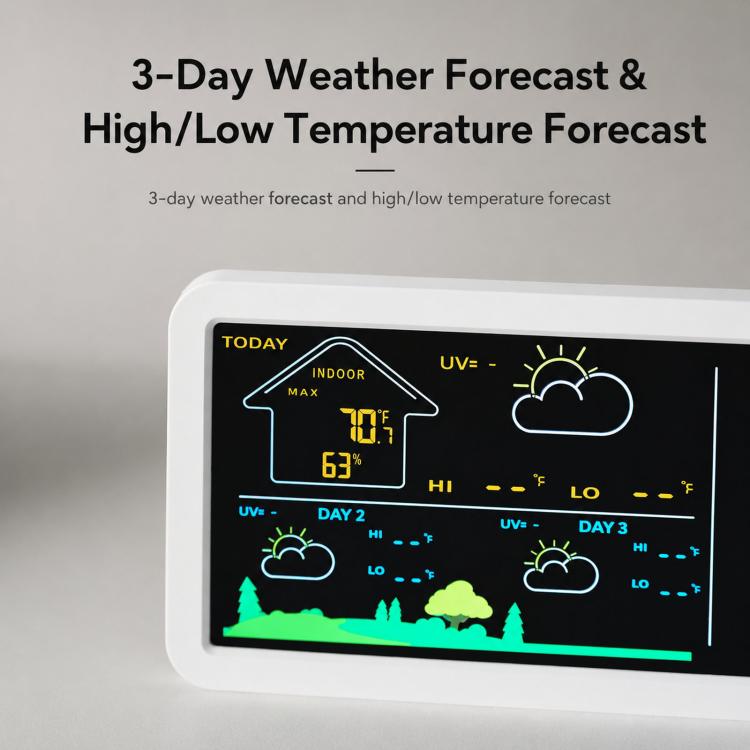 Orologio digitale da parete con stazione meteorologica wireless e sensore esterno, previsioni meteo locali e sveglia da comodino.