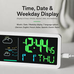 Orologio digitale da parete con stazione meteorologica wireless e sensore esterno, previsioni meteo locali e sveglia da comodino.
