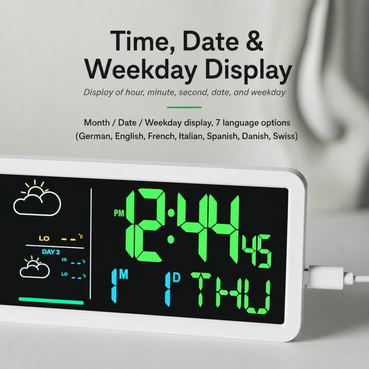 Orologio digitale da parete con stazione meteorologica wireless e sensore esterno, previsioni meteo locali e sveglia da comodino.