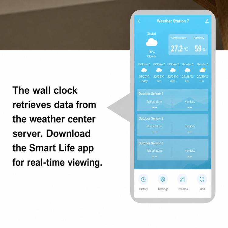 Orologio digitale da parete con stazione meteorologica wireless e sensore esterno, previsioni meteo locali e sveglia da comodino.