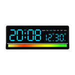 Sveglia digitale a LED con illuminazione RGB ad attivazione sonora, ampio display con visualizzazione di data/giorno/temperatura, uscita USB.