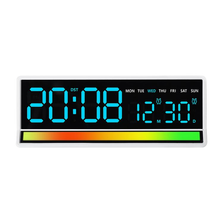 Sveglia digitale a LED con illuminazione RGB ad attivazione sonora, ampio display con visualizzazione di data/giorno/temperatura, uscita USB.