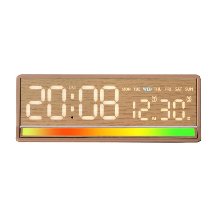 Sveglia digitale a LED con illuminazione RGB ad attivazione sonora, ampio display con visualizzazione di data/giorno/temperatura, uscita USB.