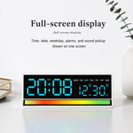 Sveglia digitale a LED con illuminazione RGB ad attivazione sonora, ampio display con visualizzazione di data/giorno/temperatura, uscita USB.