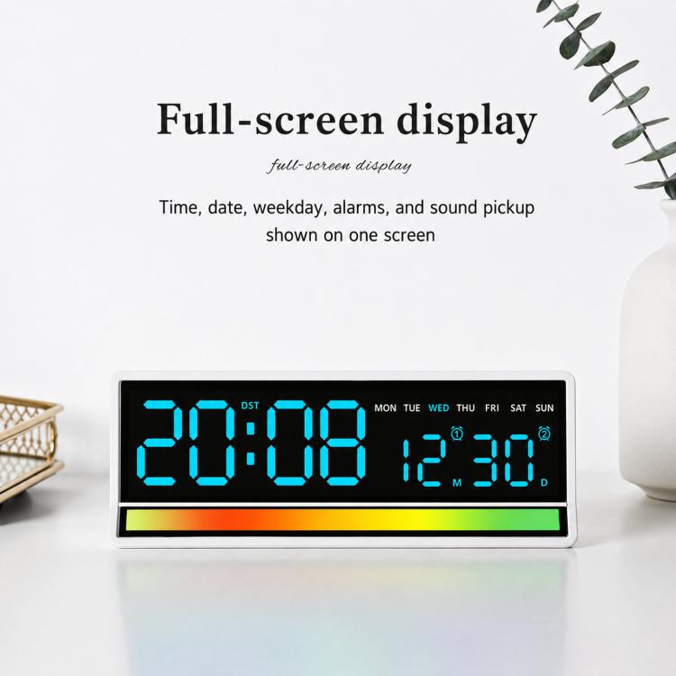 Sveglia digitale a LED con illuminazione RGB ad attivazione sonora, ampio display con visualizzazione di data/giorno/temperatura, uscita USB.