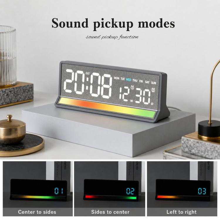 Sveglia digitale a LED con illuminazione RGB ad attivazione sonora, ampio display con visualizzazione di data/giorno/temperatura, uscita USB.
