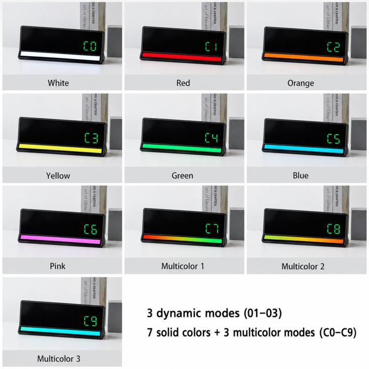 Sveglia digitale a LED con illuminazione RGB ad attivazione sonora, ampio display con visualizzazione di data/giorno/temperatura, uscita USB.