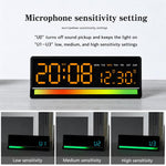 Sveglia digitale a LED con illuminazione RGB ad attivazione sonora, ampio display con visualizzazione di data/giorno/temperatura, uscita USB.
