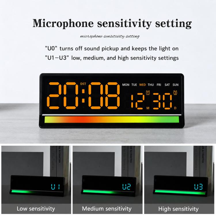 Sveglia digitale a LED con illuminazione RGB ad attivazione sonora, ampio display con visualizzazione di data/giorno/temperatura, uscita USB.