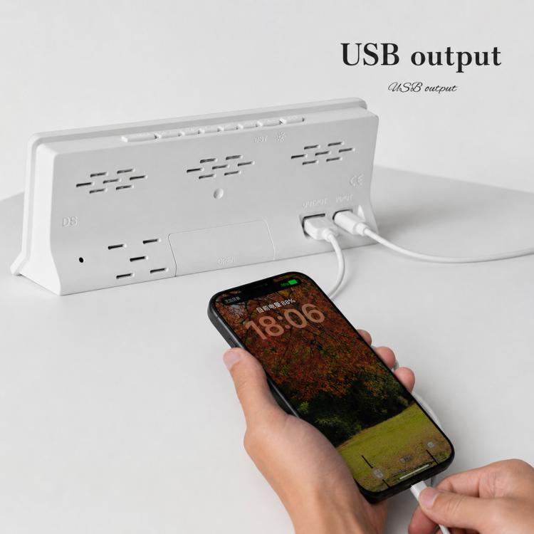 Sveglia digitale a LED con illuminazione RGB ad attivazione sonora, ampio display con visualizzazione di data/giorno/temperatura, uscita USB.
