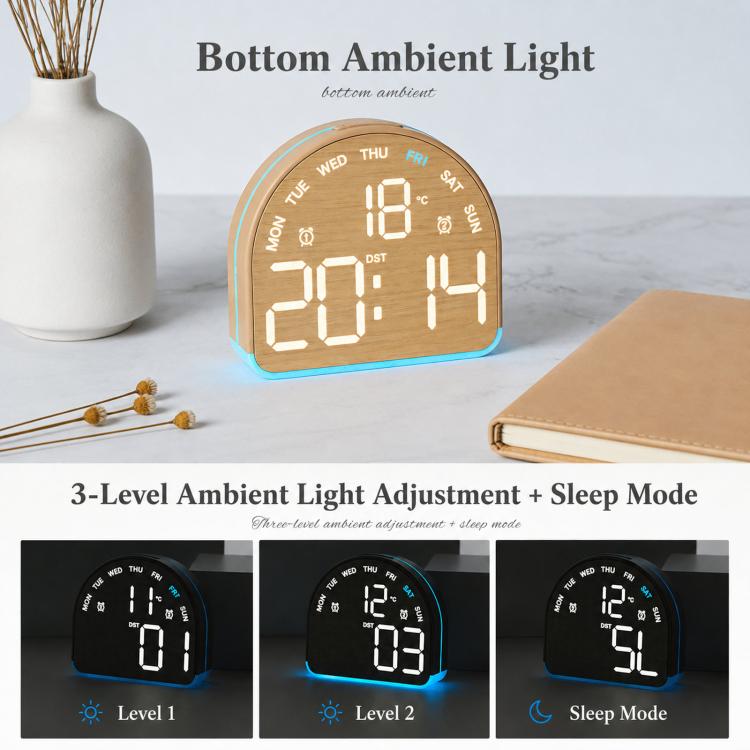 Sveglia digitale a LED con luce ambientale inferiore, orologio da scrivania con indicazione della temperatura, ora legale e doppia sveglia.