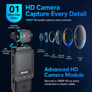 Videocamera indossabile WiFi 1080P con obiettivo girevole e schermo da 1,6 pollici, ideale per lo sport e come action camera tascabile con clip., DV01 1080P