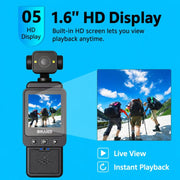 Videocamera indossabile WiFi 1080P con obiettivo girevole e schermo da 1,6 pollici, ideale per lo sport e come action camera tascabile con clip., DV01 1080P