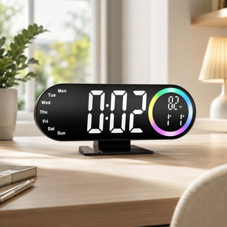 Sveglia digitale a specchio RGB con luce notturna a LED, visualizzazione della temperatura e del giorno della settimana.