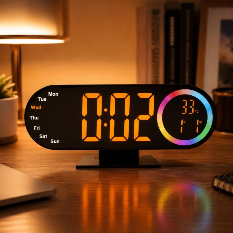 Sveglia digitale a specchio RGB con luce notturna a LED, visualizzazione della temperatura e del giorno della settimana.