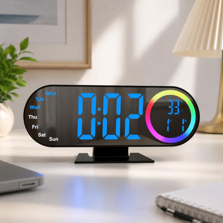 Sveglia digitale a specchio RGB con luce notturna a LED, visualizzazione della temperatura e del giorno della settimana.