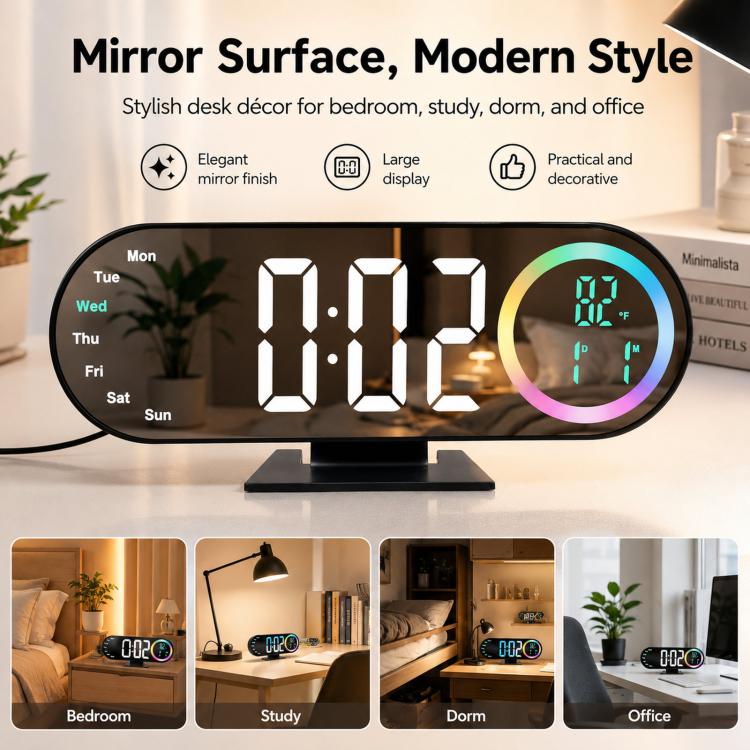 Sveglia digitale a specchio RGB con luce notturna a LED, visualizzazione della temperatura e del giorno della settimana.