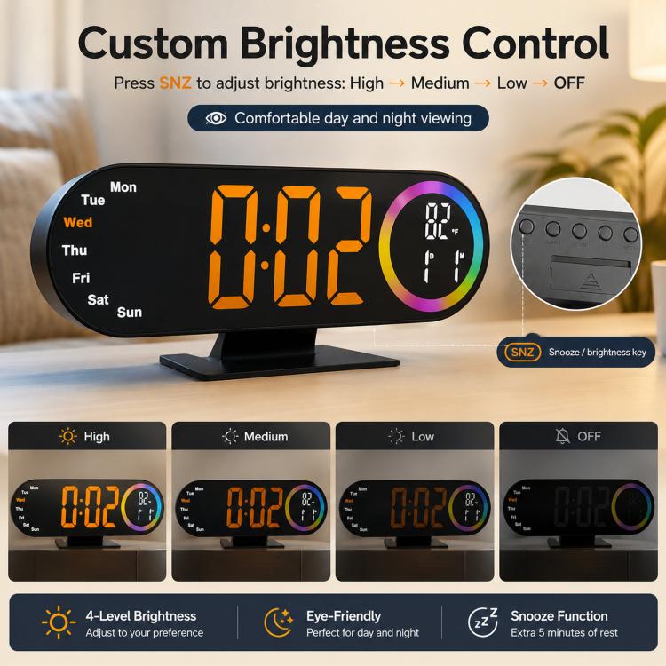 Sveglia digitale a specchio RGB con luce notturna a LED, visualizzazione della temperatura e del giorno della settimana.