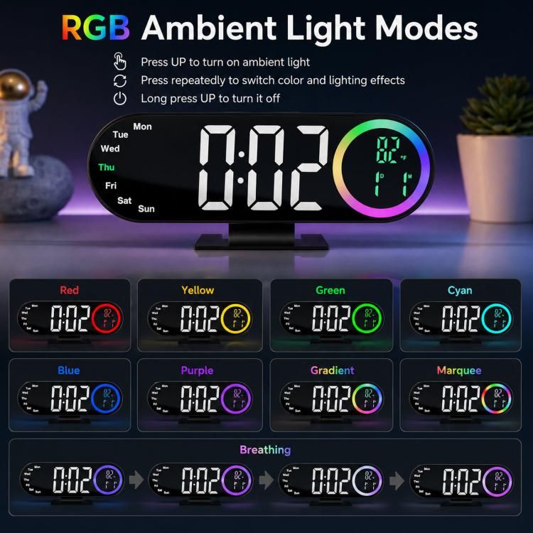 Sveglia digitale a specchio RGB con luce notturna a LED, visualizzazione della temperatura e del giorno della settimana.