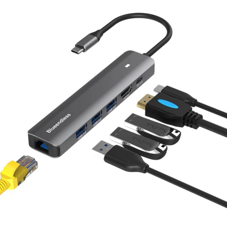 Docking station Blueendless Type-C con convertitore HDMI 4K ad alta definizione e Gigabit Ethernet., 6 in 1