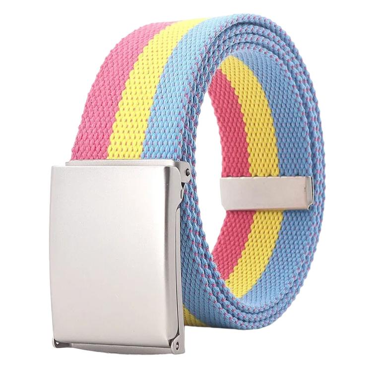 Cintura in tela arcobaleno a righe, casual, con fibbia a ribalta e apribottiglie., 120cm