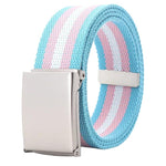 Cintura in tela arcobaleno a righe, casual, con fibbia a ribalta e apribottiglie., 120cm