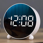 Sveglia digitale circolare a LED, dimmerabile, da comodino o da scrivania, con doppio allarme.