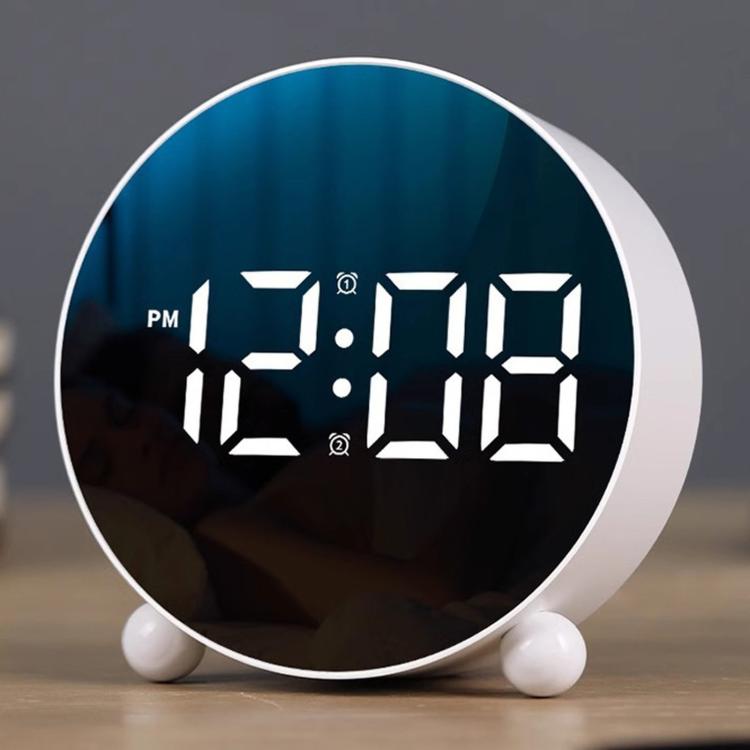 Sveglia digitale circolare a LED, dimmerabile, da comodino o da scrivania, con doppio allarme.