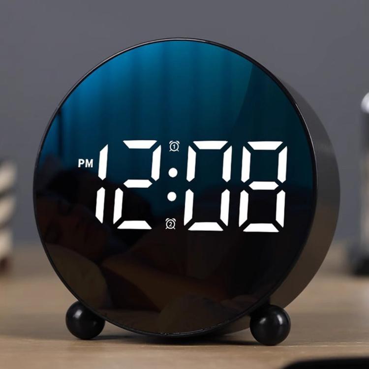 Sveglia digitale circolare a LED, dimmerabile, da comodino o da scrivania, con doppio allarme.