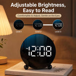 Sveglia digitale circolare a LED, dimmerabile, da comodino o da scrivania, con doppio allarme.