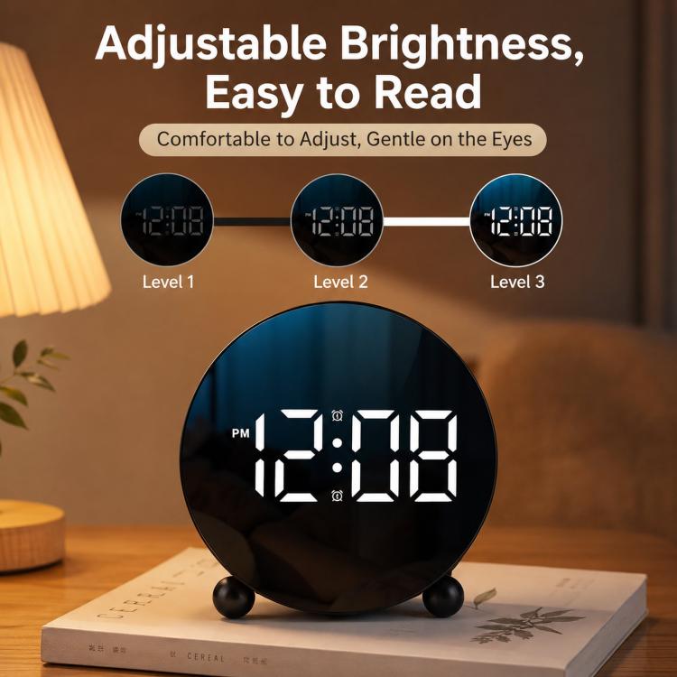 Sveglia digitale circolare a LED, dimmerabile, da comodino o da scrivania, con doppio allarme.