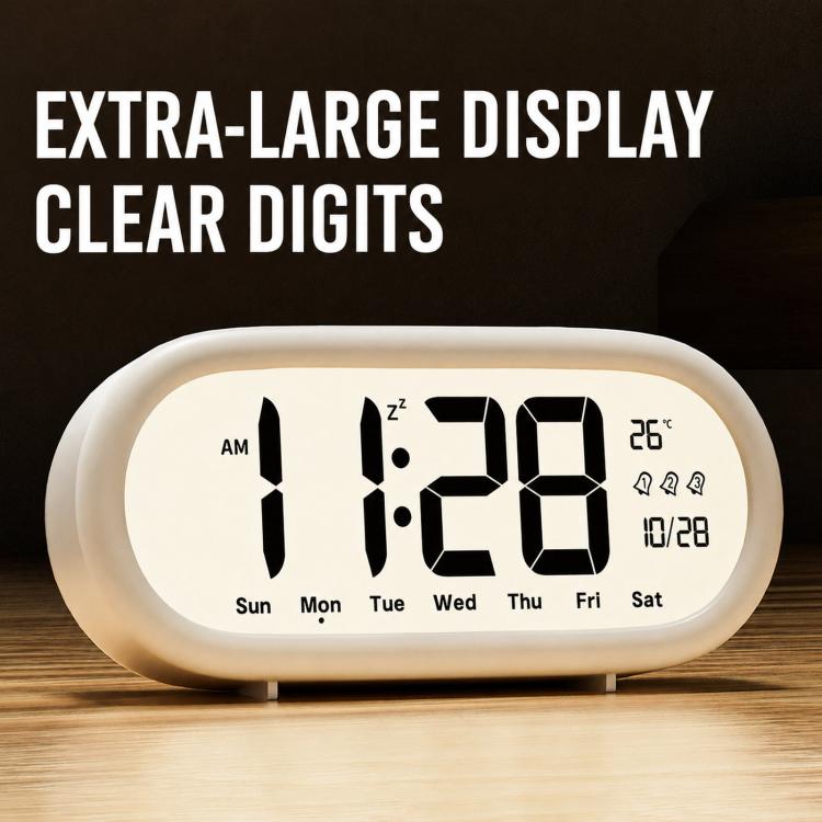 Sveglia digitale a batteria con volume alto, 3 impostazioni di allarme, indicazione di temperatura, data e retroilluminazione con funzione snooze.