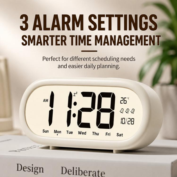 Sveglia digitale a batteria con volume alto, 3 impostazioni di allarme, indicazione di temperatura, data e retroilluminazione con funzione snooze.