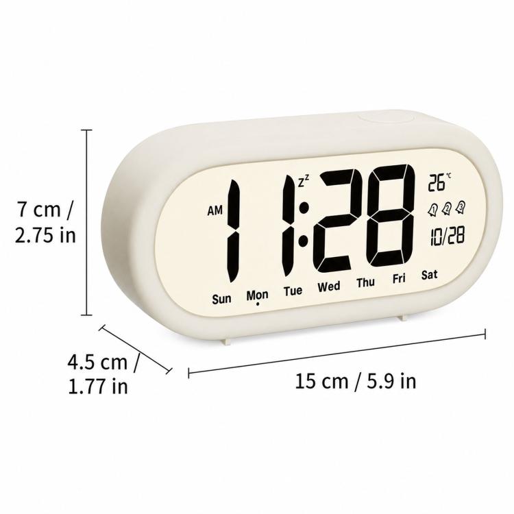 Sveglia digitale a batteria con volume alto, 3 impostazioni di allarme, indicazione di temperatura, data e retroilluminazione con funzione snooze.