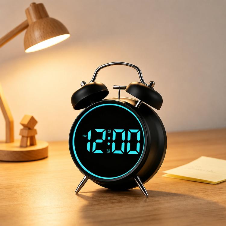 Sveglia digitale retrò a doppia campana, sveglia da comodino rumorosa con anello luminoso colorato, sveglia da scrivania silenziosa a LED con USB e batteria di backup