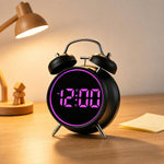 Sveglia digitale retrò a doppia campana, sveglia da comodino rumorosa con anello luminoso colorato, sveglia da scrivania silenziosa a LED con USB e batteria di backup