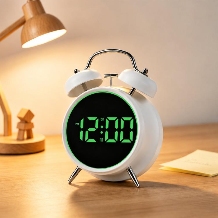 Sveglia digitale retrò a doppia campana, sveglia da comodino rumorosa con anello luminoso colorato, sveglia da scrivania silenziosa a LED con USB e batteria di backup