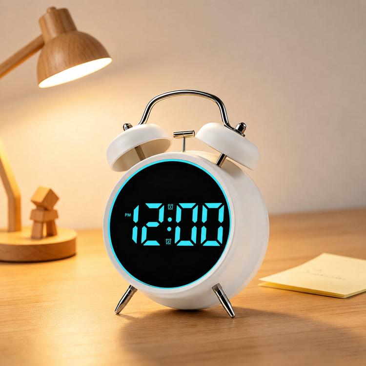Sveglia digitale retrò a doppia campana, sveglia da comodino rumorosa con anello luminoso colorato, sveglia da scrivania silenziosa a LED con USB e batteria di backup