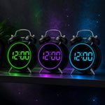 Sveglia digitale retrò a doppia campana, sveglia da comodino rumorosa con anello luminoso colorato, sveglia da scrivania silenziosa a LED con USB e batteria di backup