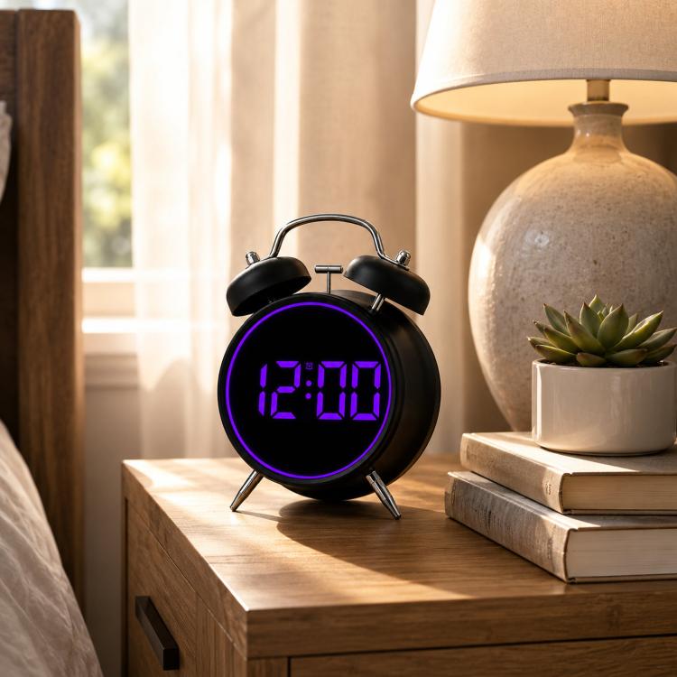Sveglia digitale retrò a doppia campana, sveglia da comodino rumorosa con anello luminoso colorato, sveglia da scrivania silenziosa a LED con USB e batteria di backup