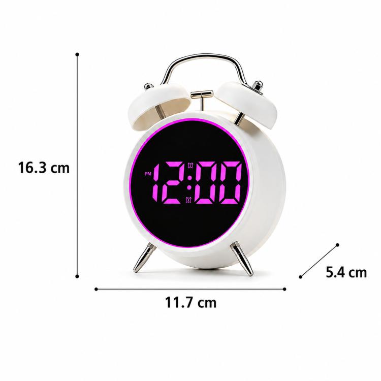 Sveglia digitale retrò a doppia campana, sveglia da comodino rumorosa con anello luminoso colorato, sveglia da scrivania silenziosa a LED con USB e batteria di backup