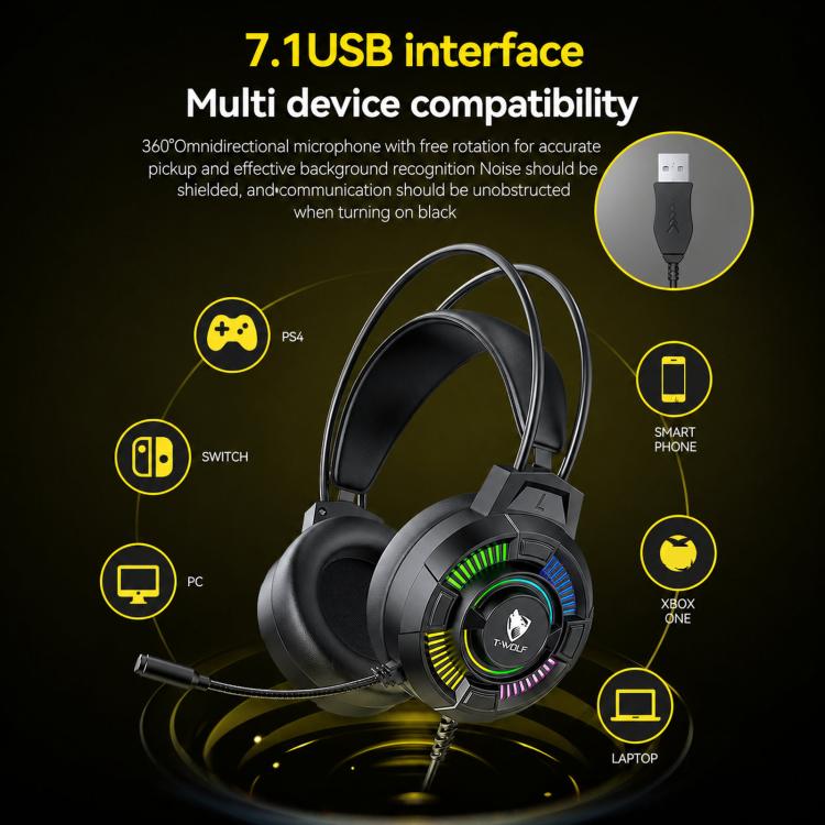 T-WOLF H140 Gaming Headset with Microphone 7.1 Surround Sound Wired PC Gaming Headphones With RGB Light, H140