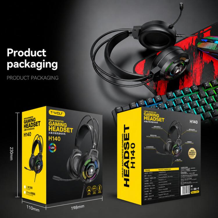 T-WOLF H140 Gaming Headset with Microphone 7.1 Surround Sound Wired PC Gaming Headphones With RGB Light, H140