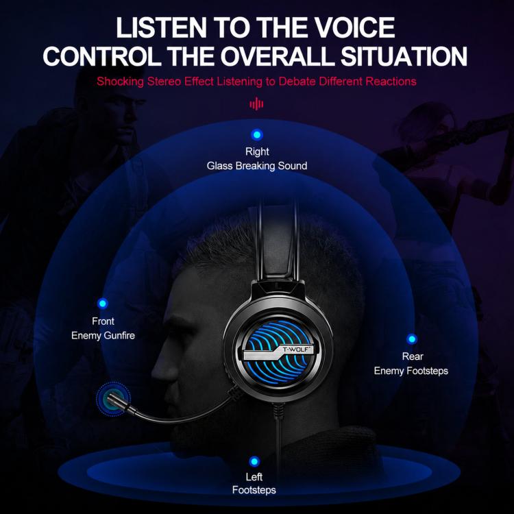 T-WOLF H130 Dual 3.5mm and USB Gaming Headset with Microphone RGB Luminous Wired PC Headphones, H130
