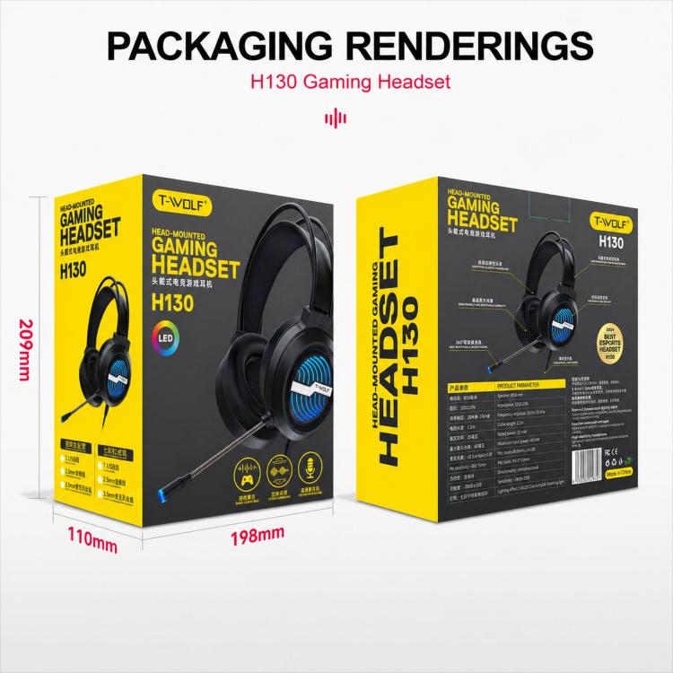 T-WOLF H130 Dual 3.5mm and USB Gaming Headset with Microphone RGB Luminous Wired PC Headphones, H130