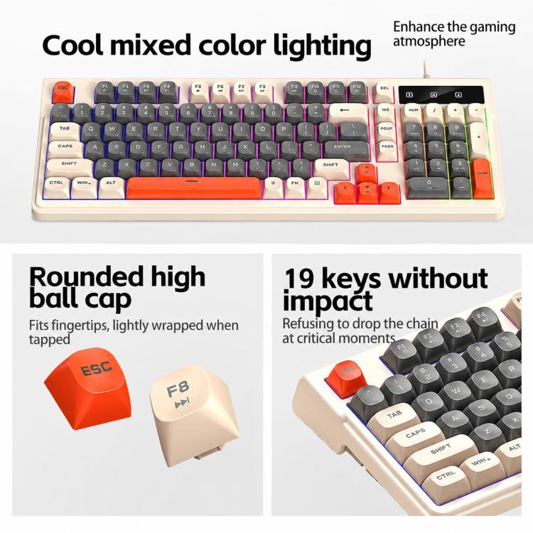 T-WOLF TF330 Wired Keyboard And Mouse Combo 3-Color Block Retro Gaming Keyboard With 98-Key Compact Layout, RGB Backlit